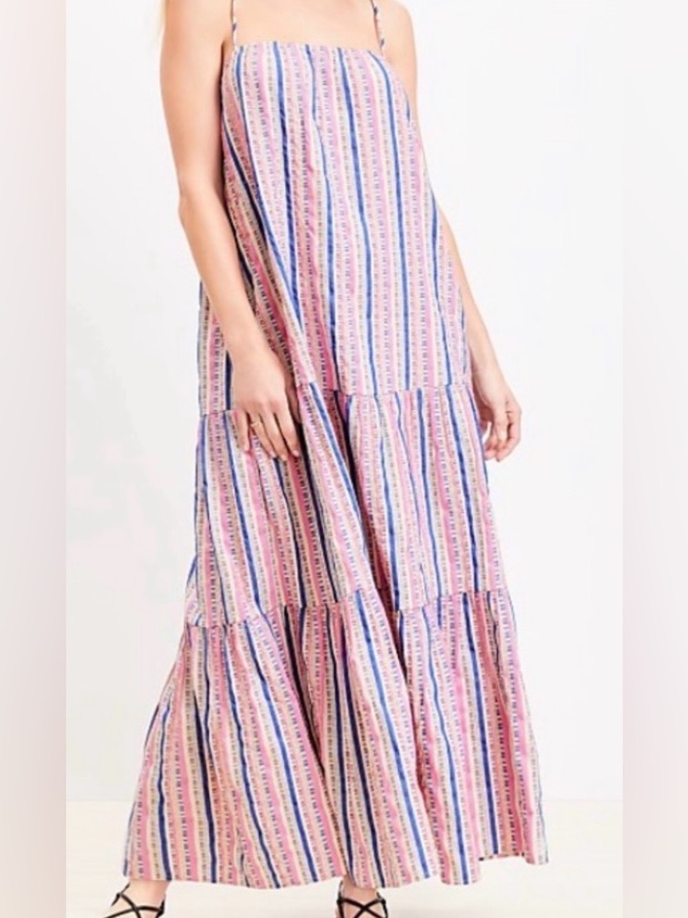NWOT LOFT Beach Dobby Stripe Square Neck Tiered w/pockets Maxi Dress SZ. Large